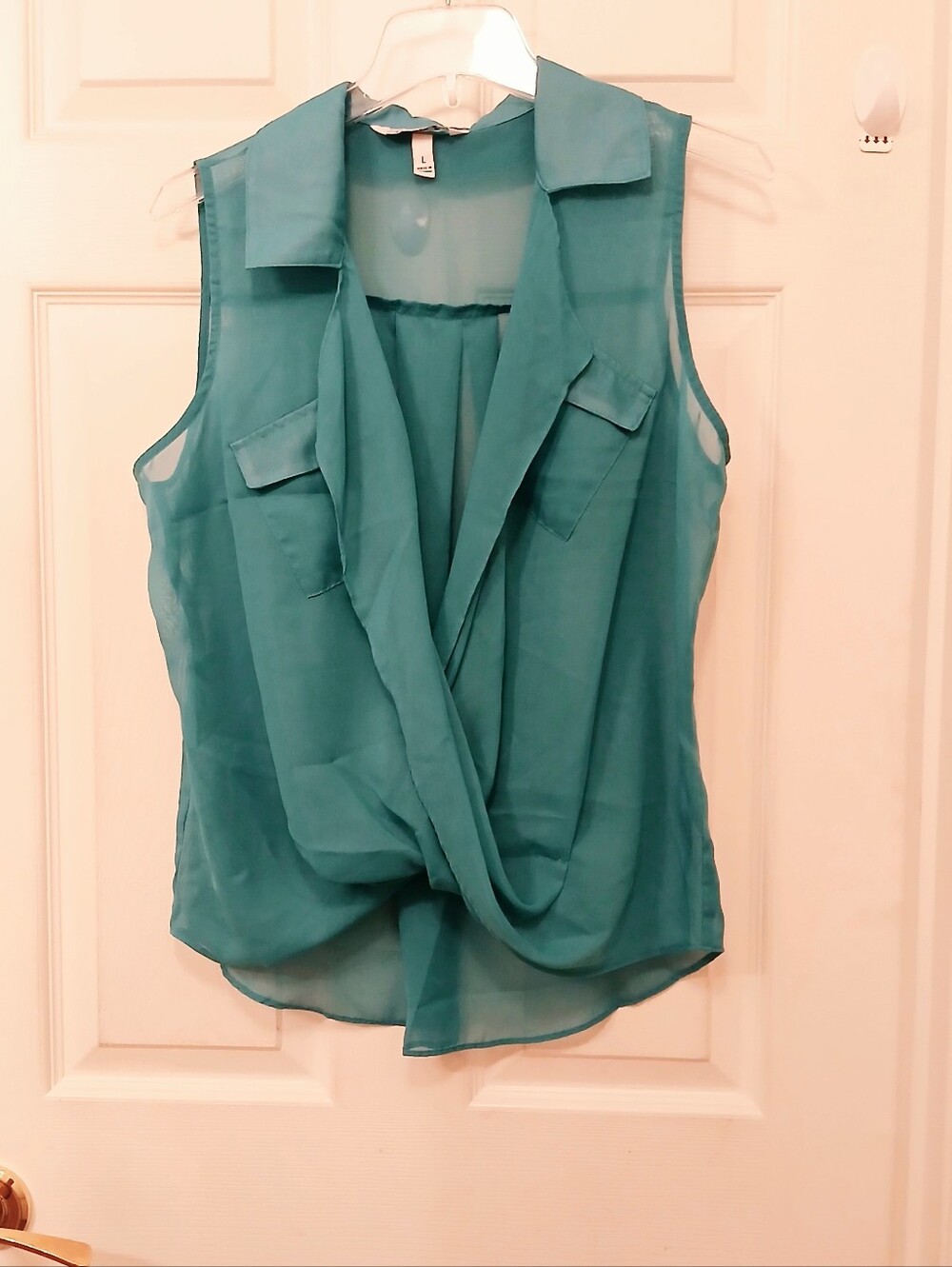 Speechless Women's Sheer Aqua Teal Drape Front Sleeveless Blouse TOP